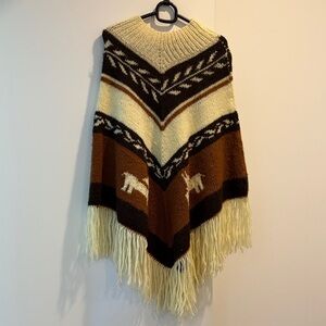 Vintage Fringe Poncho with Horse Motif in Cream, Brown & Black